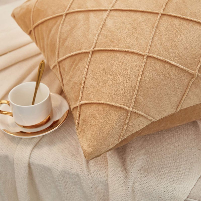JAUXIO Diamond Pinch Pleated Crystal Velvet Pillowcases 2 Pack Solid Pintuck Throw Cushion Cover for Home Decor Hidden Zipper Closure (Camel, Standard) - Image 4